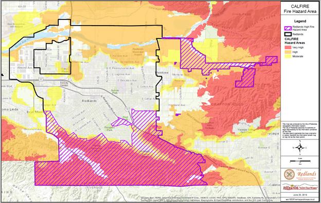 CAL Fire map showing Very High Fire Hazard Severity Zones for City of Redlands.