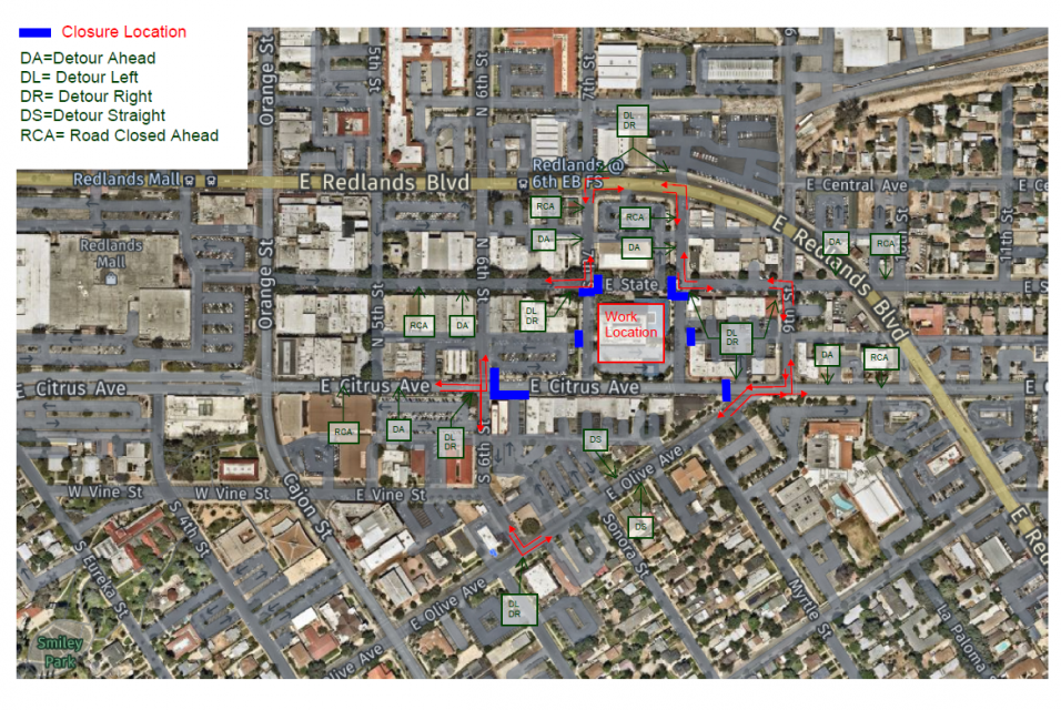 Map showing road closures at Citrus Avenue between 7th Street and Olive Avenue; State Street between 7th and 8th streets; and 7th and 8th streets between State and Citrus.
