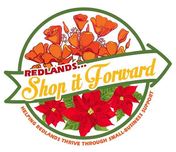 Shop It Forward logo with roses and text saying Helping Redlands Thrive Through Small Business Support