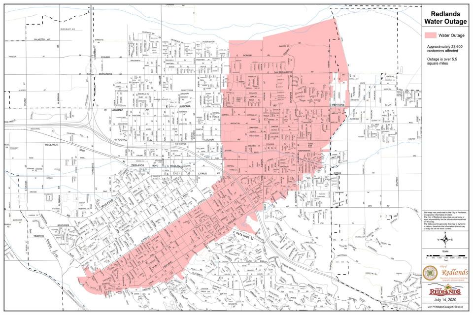 Image shows a map of the water outage area