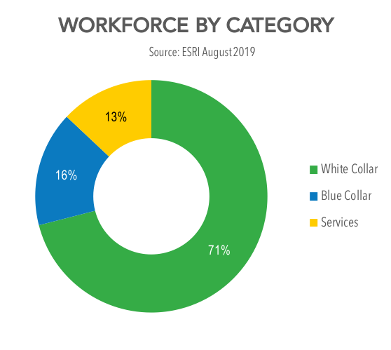 Redlands Workforce by Category: White Collar 71% Blue Collar 16% Services 13%
