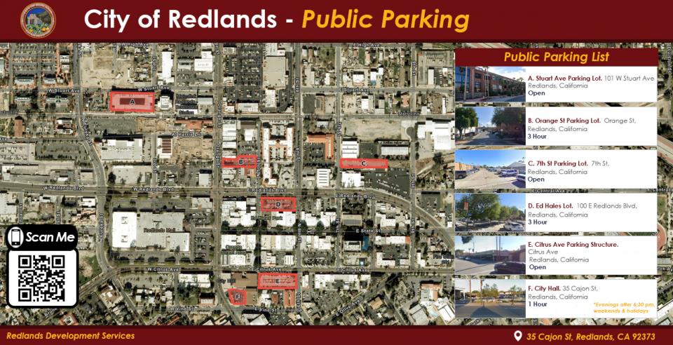 A map of free and timed parking areas throughout downtown Redlands.